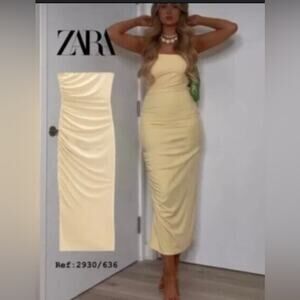 Zara Pale Yellow Ruched Strapless Midi Dress